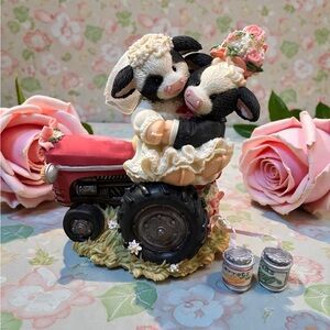 ENESCO Mary Moo Moos Figurine Just MOOIED Newlyweds on Tractor Vtg NEW OPEN BOX
